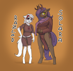 Size: 3298x3207 | Tagged: safe, artist:queen-razlad, imported from derpibooru, oc, oc only, oc:razlad, oc:solara, anthro, devil, frown, helix horn, horn, looking at you, pose, smiling