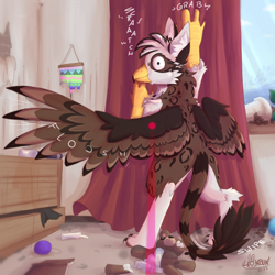 Size: 2000x2000 | Tagged: safe, artist:lionbun, imported from derpibooru, oc, oc only, oc:ospreay, griffon, behaving like a cat, commission, curtains, destruction, griffon oc, laser pointer, room