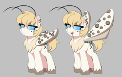 Size: 1500x950 | Tagged: safe, artist:thebatfang, oc, oc:dusty dots, moth, mothpony, original species, pony, antennae, female, mare, neck fluff, open mouth, simple background, solo, unshorn fetlocks