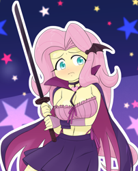 Size: 2026x2503 | Tagged: safe, artist:batipin, imported from derpibooru, fluttershy, equestria girls, belly button, breasts, busty fluttershy, cleavage, clothes, cosplay, costume, skirt, the demon girl next door