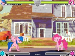 Size: 994x746 | Tagged: safe, artist:tom artista, imported from derpibooru, applejack, fluttershy, pinkie pie, rainbow dash, rarity, twilight sparkle, fighting is magic, crossover, fight, hello neighbor, house, mane six, mansion, new, stage