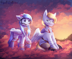 Size: 2738x2272 | Tagged: safe, artist:opal_radiance, imported from derpibooru, oc, oc:doctor blumenfeld, oc:opal rosamond, pegasus, pony, cloud, friends, sky