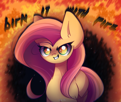 Size: 2600x2200 | Tagged: safe, artist:miryelis, imported from derpibooru, fluttershy, pegasus, pony, big ears, burning, female, fire, long hair, mare, meme, misspelling, smiling, solo, text