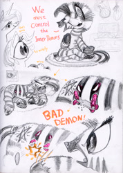 Size: 4000x5632 | Tagged: safe, artist:ja0822ck, imported from derpibooru, oc, oc only, demon, pony, unicorn, zebra, computer, file, slapping, traditional art