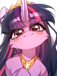 Size: 1536x2048 | Tagged: safe, artist:minekoo2, imported from derpibooru, twilight sparkle, alicorn, pony, blush sticker, blushing, cheek fluff, crying, female, jewelry, looking at you, mare, peytral, simple background, smiling, smiling at you, solo, teary eyes, tiara, twilight sparkle (alicorn), white background