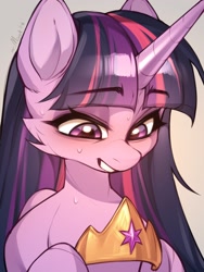 Size: 1536x2048 | Tagged: safe, artist:minekoo2, imported from derpibooru, twilight sparkle, alicorn, pony, cheek fluff, female, gradient background, gray background, grin, jewelry, looking down, mare, nervous, nervous grin, simple background, smiling, solo, sweat, tiara, twilight sparkle (alicorn), white background