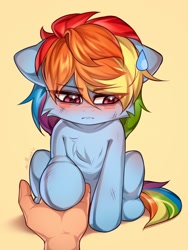 Size: 1536x2048 | Tagged: safe, artist:minekoo2, imported from derpibooru, rainbow dash, human, pegasus, pony, blushing, emanata, hand, holding hoof, looking away, offscreen character, pov, raised hoof, simple background, sitting, sweat, sweatdrop