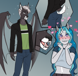 Size: 3065x2964 | Tagged: safe, artist:askbubblelee, imported from ponybooru, oc, oc only, oc:bramble darkwood, oc:bubble lee, anthro, bat, bat deer, bat pony, deer, hybrid, unguligrade anthro, unicorn, alternate universe, anthro oc, bat pony deer, bat pony oc, bat wings, blushing, clothes, deer oc, fangs, female, freckles, heart, heart eyes, horn, hybrid oc, lip bite, male, mare, non-pony oc, pants, shirt, slit pupils, stallion, straight, tail, teenager, unicorn oc, willowverse, wingding eyes, wings