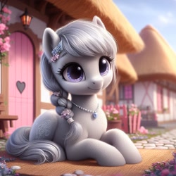 Size: 1024x1024 | Tagged: safe, imported from ponybooru, silver spoon, earth pony, pony, ai content, ai generated, alternate cutie mark, bing, braid, cute, female, filly, foal, heart, jewelry, missing accessory, ponyville, prone, solo