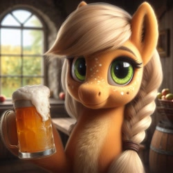 Size: 1024x1024 | Tagged: safe, imported from ponybooru, applejack, earth pony, pony, ai content, ai generated, alcohol, apple, barrel, bing, braid, bust, cider, female, food, glass, looking at you, magnetic hooves, mare, missing accessory, solo, window