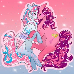 Size: 2048x2048 | Tagged: safe, artist:honolu-loo, imported from derpibooru, skywishes, star catcher, earth pony, pegasus, pony, colored wings, duo, eyes closed, female, floppy ears, folded wings, g3, gradient background, gradient legs, hoof heart, lesbian, mare, multicolored wings, open mouth, pink background, ship:skycatcher, shipping, simple background, sparkles, underhoof, wings