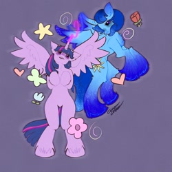 Size: 3000x3000 | Tagged: artist needed, source needed, safe, imported from derpibooru, twilight sparkle, oc, oc:blue thunder, alicorn, belly, bipedal, blushing, canon x oc, flower, heart, horn, love, thundersparkle, twilight sparkle (alicorn), unsh