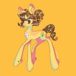 Size: 800x800 | Tagged: safe, artist:honolu-loo, imported from derpibooru, oc, oc only, oc:maisy sweetcorn, earth pony, pony, concave belly, earth pony oc, long legs, pale belly, simple background, slim, solo, thin, yellow background