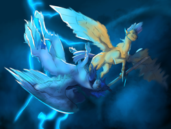 Size: 1024x768 | Tagged: artist needed, source needed, safe, imported from derpibooru, flash sentry, oc, oc:blue thunder, alicorn, pegasus, fight, storm