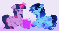 Size: 3488x1855 | Tagged: artist needed, source needed, safe, imported from derpibooru, twilight sparkle, oc, oc:blue thunder, alicorn, book, canon x oc, magic, reading, sleeping, thundersparkle, twilight sparkle (alicorn)