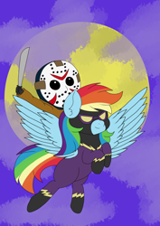 Size: 2893x4092 | Tagged: safe, artist:sadpanda1268, imported from derpibooru, rainbow dash, human, pegasus, pony, clothes, costume, friday the 13th, halloween, holiday, humans riding ponies, jason voorhees, machete, riding, shadowbolt dash, shadowbolts costume