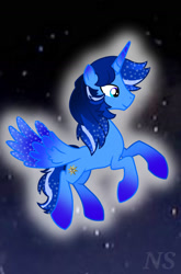 Size: 1080x1640 | Tagged: artist needed, source needed, safe, imported from derpibooru, oc, oc:blue thunder, alicorn, alicorn oc, horn, solo, space, wings