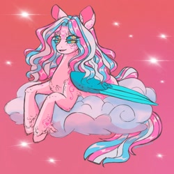 Size: 2048x2048 | Tagged: safe, artist:honolu-loo, imported from derpibooru, star catcher, pegasus, pony, blue sclera, body markings, chest fluff, cloud, colored sclera, colored wings, ear fluff, elbow fluff, facial markings, folded wings, four eyes, g3, gradient background, leg fluff, lying down, lying on a cloud, multiple eyes, on a cloud, pink background, prone, shoulder fluff, simple background, wings