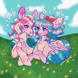 Size: 2048x2048 | Tagged: safe, artist:honolu-loo, imported from derpibooru, star catcher, oc, oc:bluebell, pegasus, pony, blue sclera, body markings, bow, canon x oc, chest fluff, cloud, colored sclera, colored wings, duo, ear fluff, facial markings, female, flower, folded wings, g3, grass, hair bow, heart, lesbian, looking at each other, looking at someone, lying down, mare, open mouth, pegasus oc, prone, sky, smiling, wings