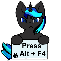 Size: 1000x1000 | Tagged: safe, artist:eminol, imported from derpibooru, oc, oc only, oc:source code, pony, unicorn, angry, blue eyes, commissioner:nooneknown, female, glare, horn, looking at you, mare, sign, simple background, solo, text, transparent background, unicorn oc