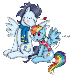 Size: 720x776 | Tagged: safe, artist:dasher666, artist:olyollyoxenfree, edit, imported from derpibooru, rainbow dash, soarin', pegasus, pony, blushing, clothes, female, kissing, male, mare, scarf, ship:soarindash, shipping, simple background, stallion, straight, striped scarf, white background