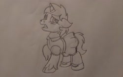 Size: 3264x2040 | Tagged: safe, artist:peternators, imported from derpibooru, oc, oc only, oc:heroic armour, pony, unicorn, blushing, clothes, colt, crossdressing, dress, floppy ears, foal, male, mary janes, monochrome, shoes, sketch, socks, thigh highs, traditional art