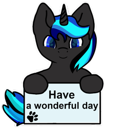 Size: 1000x1000 | Tagged: safe, artist:eminol, imported from derpibooru, oc, oc only, oc:source code, pony, unicorn, blue eyes, commissioner:nooneknown, female, horn, looking at you, mare, sign, simple background, smiling, solo, text, transparent background, unicorn oc