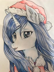 Size: 3024x4032 | Tagged: safe, alternate version, artist:hysteriana, imported from derpibooru, oc, oc only, oc:spacelight, pony, unicorn, blue eyes, blue mane, christmas, clothes, crystal, cute, ear fluff, face, fur, hat, holiday, open mouth, santa hat, solo, suit, traditional art