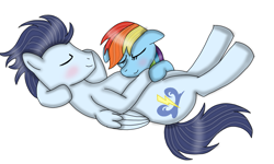 Size: 1197x720 | Tagged: safe, artist:dasher666, artist:olyollyoxenfree, edit, imported from derpibooru, rainbow dash, soarin', pegasus, pony, female, male, mare, ship:soarindash, shipping, simple background, sleeping, stallion, straight, white background