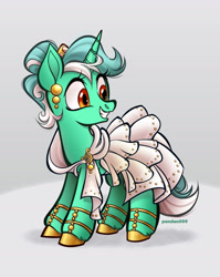 Size: 1280x1608 | Tagged: safe, artist:pandan009, imported from derpibooru, lyra heartstrings, pony, unicorn, alternate hairstyle, clothes, cute, dress, ear piercing, earring, female, gala dress, happy, hoof shoes, jewelry, lyrabetes, mare, piercing, shoes, smiling, solo