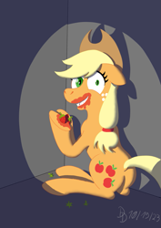 Size: 1131x1600 | Tagged: safe, artist:darkdabula, imported from derpibooru, applejack, earth pony, pony, undead, vampire, caught, creepy, dishonorapple, fangs, food, grin, juice, slit pupils, smiling, solo, strawberry