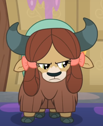 Size: 576x701 | Tagged: safe, imported from derpibooru, screencap, yona, yak, the hearth's warming club, bow, cloven hooves, female, hair bow, monkey swings, solo, unamused, yona is not amused