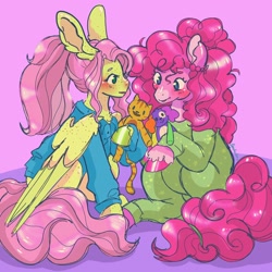 Size: 2048x2048 | Tagged: safe, artist:honolu-loo, imported from derpibooru, fluttershy, pinkie pie, earth pony, pegasus, pony, clothes, duo, female, flutterpie, freckles, freckleshy, lesbian, pajamas, pink background, plushie, shipping, simple background, sleepover