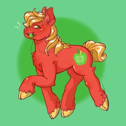 Size: 2048x2048 | Tagged: safe, artist:honolu-loo, imported from derpibooru, big macintosh, earth pony, pony, autism, autism spectrum disorder, chew toy, cloven hooves, green background, jewelry, necklace, neurodivergent, simple background, solo, stimming