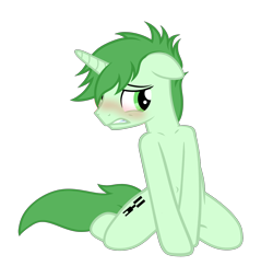 Size: 3590x3490 | Tagged: safe, artist:equestria secret guard, imported from derpibooru, oc, oc only, oc:nihaicreeper, pony, unicorn, bedroom eyes, belly button, blushing, collarbone, horn, kneeling, looking at you, male, sexy, shoulder, shy, simple background, stallion, transparent background, unicorn oc