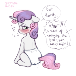 Size: 3000x3000 | Tagged: safe, artist:bloodymrr, imported from derpibooru, rarity, sweetie belle, pony, unicorn, abdl, art, blushing, curly hair, dialogue, diaper, diaper fetish, embarrassed, emotional, emotions, female, fetish, implied bedwetting, shy, siblings, sisters, sketch, solo