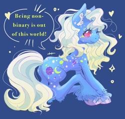 Size: 2041x1949 | Tagged: safe, artist:honolu-loo, imported from derpibooru, night glider (g1), earth pony, pony, blue background, butt, g1, hooves, nonbinary, plot, positive message, simple background, sitting, slim, solo, thin, unshorn fetlocks