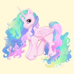 Size: 2048x2048 | Tagged: safe, artist:honolu-loo, imported from derpibooru, princess celestia, alicorn, pony, g3, g4, g4 to g3, generation leap, pinklestia, simple background, solo, yellow background