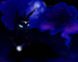 Size: 999x800 | Tagged: safe, artist:bluebrushcreations, imported from derpibooru, nightmare moon, alicorn, pony, blue background, blue eyes, blue mane, bust, crown, dark, digital art, ethereal mane, female, flowing mane, g4, glowing, helmet, horn, jewelry, looking at you, mare, night, peytral, portrait, regalia, signature, simple background, solo, sparkles, starry mane, stars