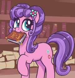 Size: 1970x2040 | Tagged: safe, artist:t72b, imported from derpibooru, petunia petals, earth pony, pony, book, bookshelf, cute, female, flower, flower in hair, mare, mouth hold, petalbetes, raised hoof, scroll, solo
