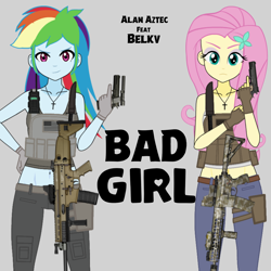 Size: 1280x1280 | Tagged: safe, artist:edy_january, imported from derpibooru, fluttershy, rainbow dash, equestria girls, equestria girls series, alan aztec, album, album cover, album parody, assault rifle, bad girl, bad girl (song), belkv, call of duty, call of duty: modern warfare 2, call of duty: warzone, clothes, combat knife, denim, duo, duo female, female, fn scar, gray background, gun, handgun, hardbass, hk416, jeans, lesbian, m1911, military, music, pants, parody, pistol, radio, reference, rifle, ship:flutterdash, shipping, shirt, simple background, soldier, song, special forces, tactical vest, tanktop, task forces 141, trigger discipline, trigun, vector used, vest, weapon