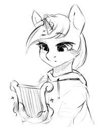 Size: 798x990 | Tagged: safe, artist:melodylibris, imported from derpibooru, lyra heartstrings, pony, unicorn, fanfic:background pony, black and white, clothes, female, grayscale, hoodie, lyre, magic, mare, monochrome, musical instrument, simple background, sketch, solo, telekinesis, white background