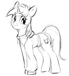 Size: 907x999 | Tagged: safe, artist:melodylibris, imported from derpibooru, lyra heartstrings, pony, unicorn, fanfic:background pony, black and white, clothes, dig the swell hoodie, female, grayscale, hoodie, mare, monochrome, simple background, sketch, solo, white background