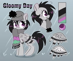 Size: 2048x1707 | Tagged: safe, artist:anotherdeadrat, imported from derpibooru, oc, oc only, oc:gloomy day, pegasus, pony, adoptable, beanie, clothes, cute, female, hat, mare, pegasus oc, reference sheet, scarf, solo, striped wings, wing fluff, wings