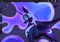 Size: 2048x1431 | Tagged: safe, artist:wolfgender420, imported from derpibooru, nightmare moon, alicorn, pony, crying, female, helmet, horn, jewelry, long horn, mare, regalia, slit pupils, solo, wip