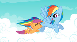 Size: 1198x667 | Tagged: safe, artist:darkmoonanimation, imported from derpibooru, rainbow dash, scootaloo, pegasus, pony, cloud, duo, duo female, female, filly, flying, foal, mare, scootaloo can fly, scootalove, siblings, sisters, sky