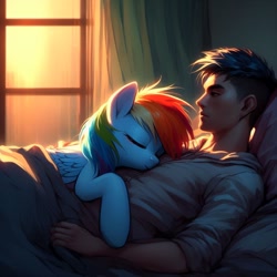 Size: 1024x1024 | Tagged: safe, imported from derpibooru, rainbow dash, human, pegasus, pony, ai content, ai generated, bed, bed mane, blanket, clothes, duo, duo male and female, eyes closed, female, human male, human on pony snuggling, lying down, lying on bed, lying on top of someone, male, mare, on bed, sleeping, snuggling, window