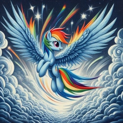 Size: 1024x1024 | Tagged: safe, imported from derpibooru, rainbow dash, pegasus, pony, ai content, ai generated, cloud, female, flying, large wings, looking sideways, mare, night, night sky, sky, solo, spread wings, stars, wings