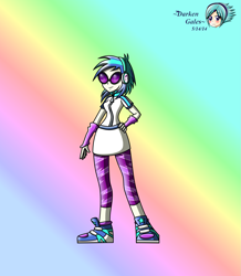 Size: 1445x1654 | Tagged: safe, artist:darkengales, imported from derpibooru, dj pon-3, vinyl scratch, human, equestria girls, 2014, female, gradient background, hand on hip, old art, rainbow background, solo