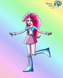 Size: 2448x3030 | Tagged: safe, artist:darkengales, imported from derpibooru, pinkie pie, human, equestria girls, 2014, female, gradient background, old art, open mouth, open smile, rainbow background, smiling, solo, standing, standing on one leg